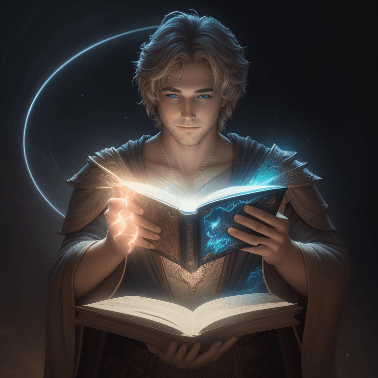 AI generated: photogenic man holding a magical book| magical glowing trails| light dust| fantasy robes| highly det...