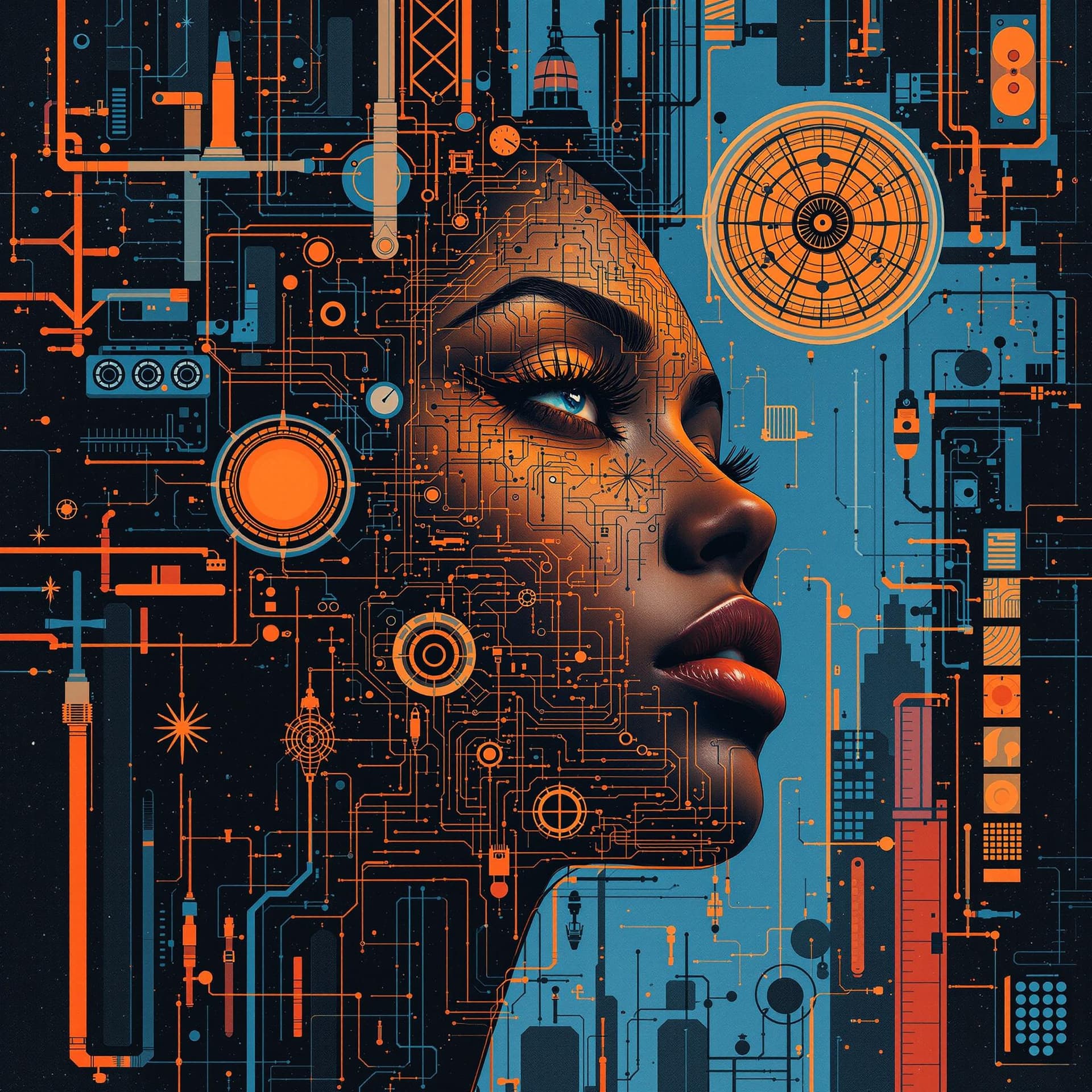 AI generated: 
female face, in the style of afrofuturism, george callaghan, engineering/construction and design, p...