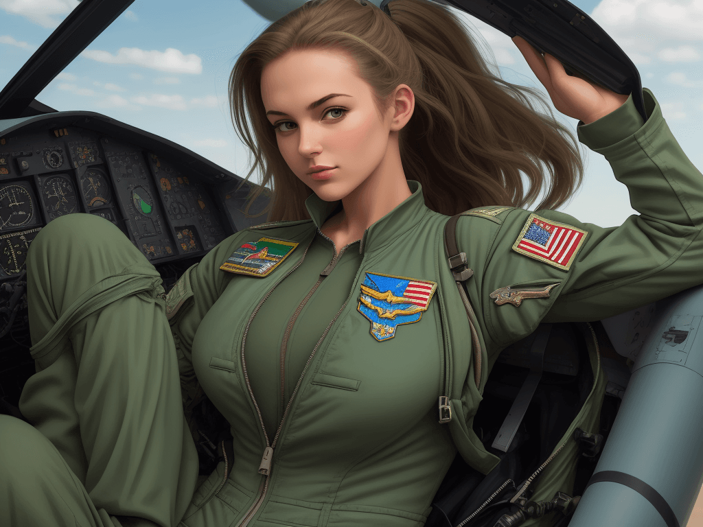 AI generated: beautiful american air force fighter pilot girl. She is wearing a loose-fitting, green, one-piece fl...