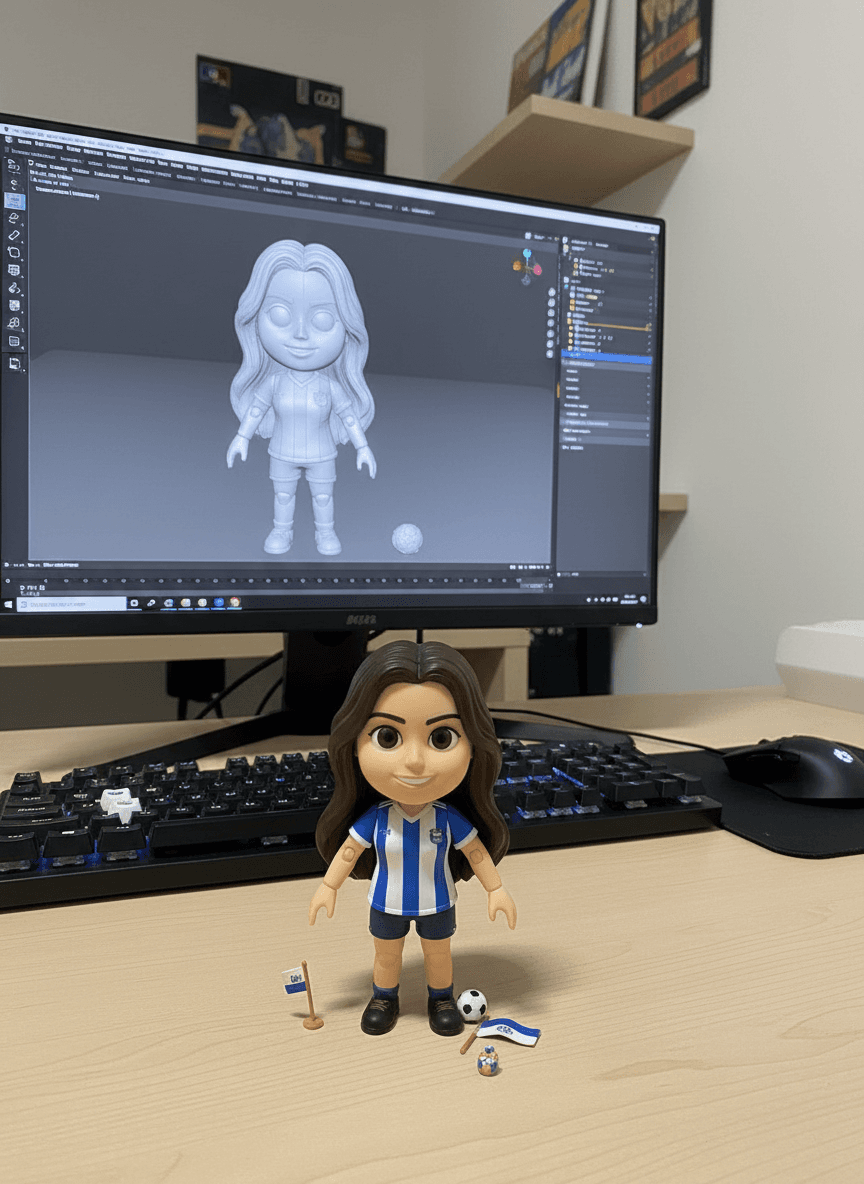 AI generated: transform the image so she transforms into a playful 3D model on a desk, making it look like a toy y...