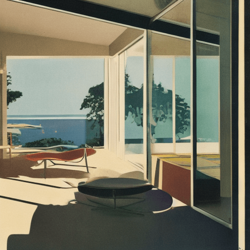 AI generated: Hyper realistic eye level exterior photo of a mid century modern style house overlooking the ocean, ...