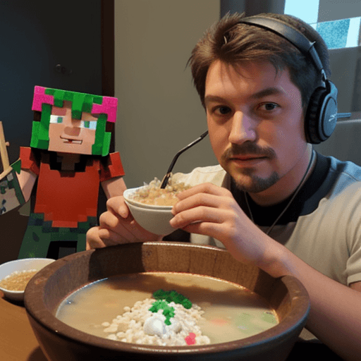 AI generated: steve from minecraft enjoying a tradiotional pozole from mexico