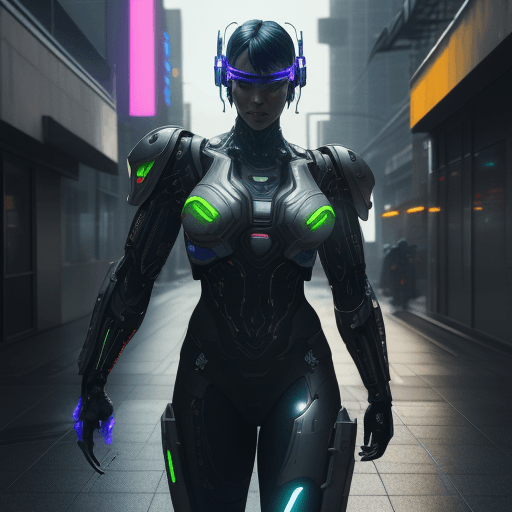 AI generated: Cyborg with futuristic visor, vest, armor, and weapon on the street, cyberpunk, neon light reflectio...