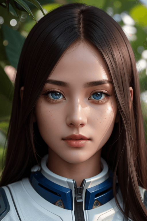 AI generated: A girl in a spacesuit without a helmet. On another planet in the rainforest. Slim body. A beautiful ...