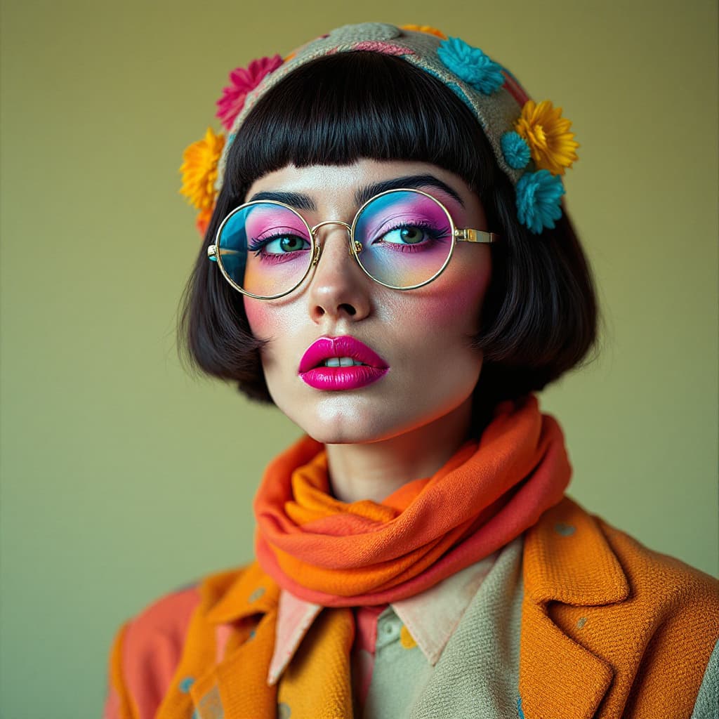 AI generated: 60s era fashion model, absurd strange material, describe color, can be worn on face, headgear, cloth...