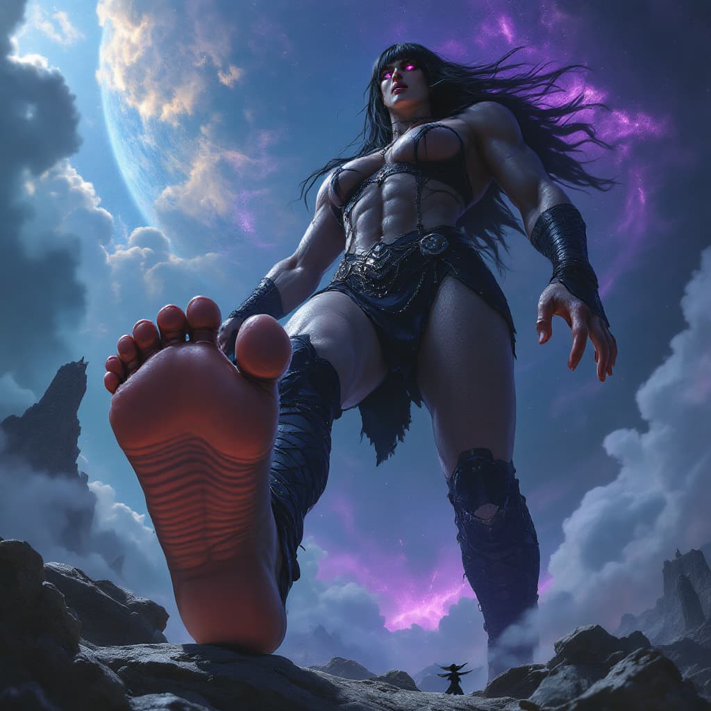 AI generated: enormous giantess female Rhea Ripley from WWE with black medium length hair and straight bangs, bigg...