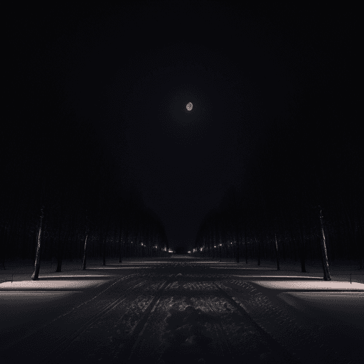 AI generated: night view of an avenue with trees and buildings, city in siberia, abandoned in 1950, illuminated on...