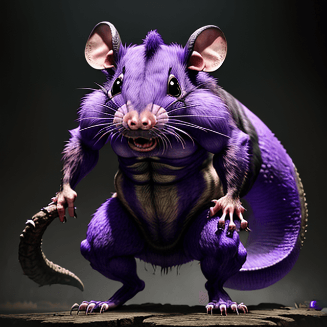AI generated: front view of a prehistoric, wild, ugly, scary, giant violet rat, standing , 8k