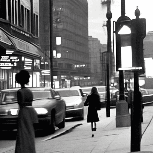AI generated: 12K, HRD, film grain, 100 ASA, The image features a woman walking down a city street, wearing only s...