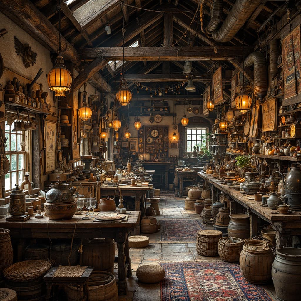 AI generated: An ancient busy village with displays of craft and a functional system