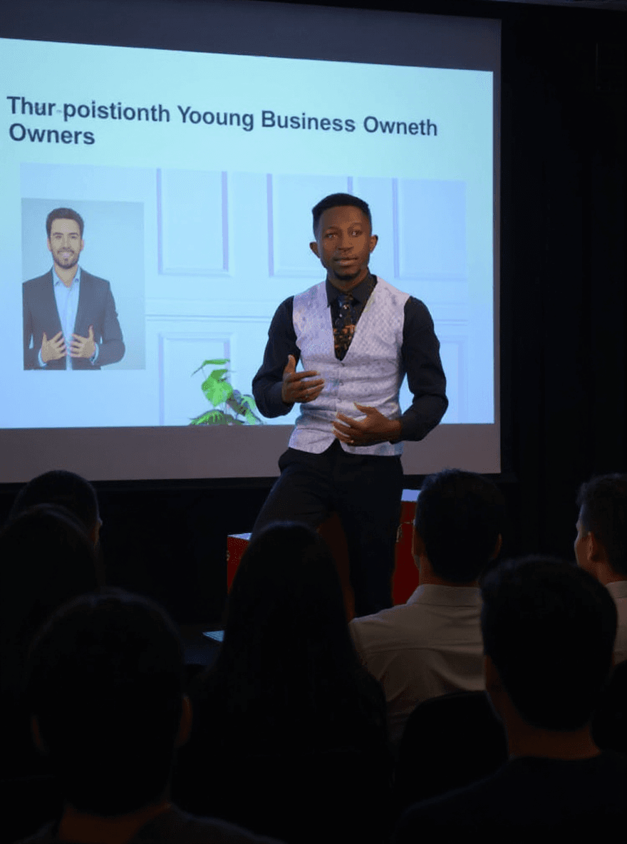 AI generated: With the uploaded image, generate and image of me speaking to thousands of young business owners on ...