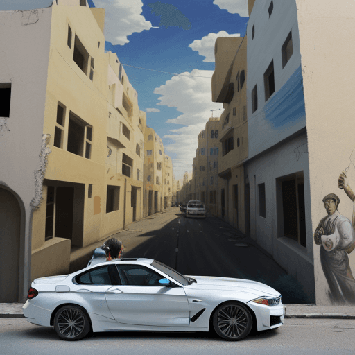 AI generated: A man in white FEDORA hat standing by a BMW car parked on the street in front of a wall painted with...