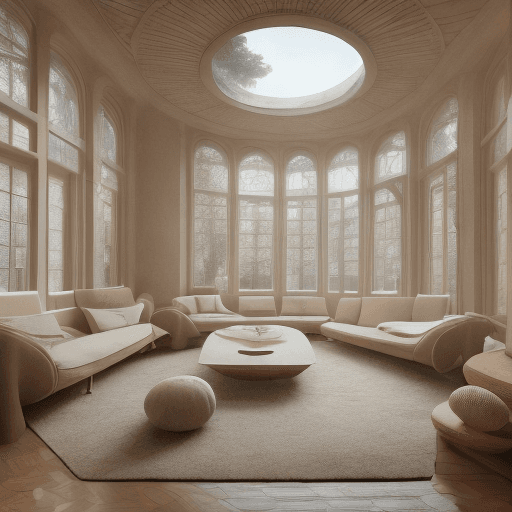AI generated: High resolution photography interior design, dreamy sunken living room conversation pit, wooden floo...