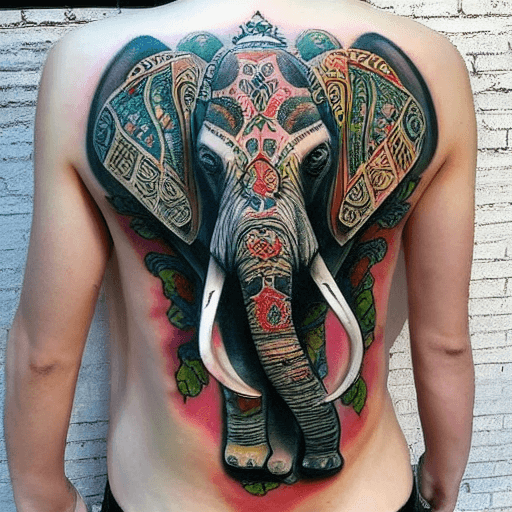 AI generated: TATTOO, COLOR, ON THE BACK, ELEPHANT, ARMOR, PERSIA, MONEY, LUCK,