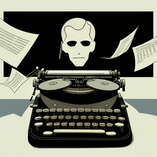 AI generated: illustration of a typewriter mixed with a gun, shooting a man's head, black background with poor lig...