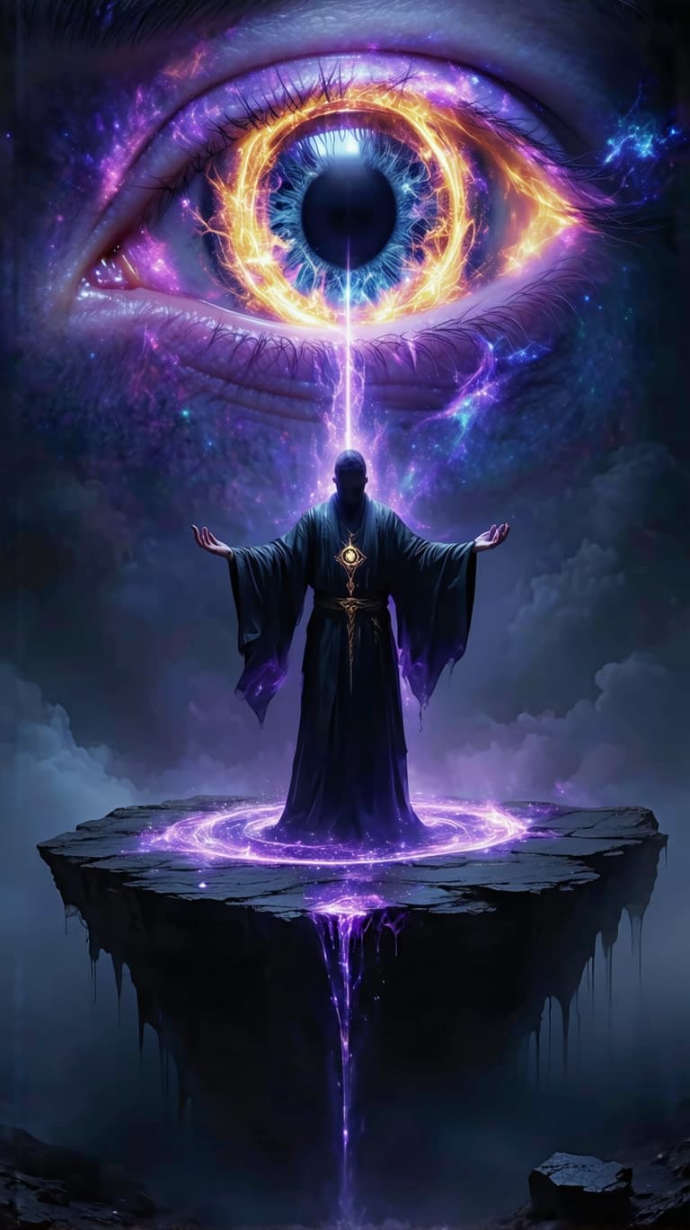 AI generated: A mystical figure levitates above a floating obsidian altar, their robes shifting through opalescent...