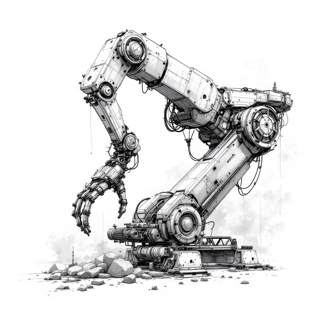 AI generated: a drawing of a robotic arm that constructs a machine
