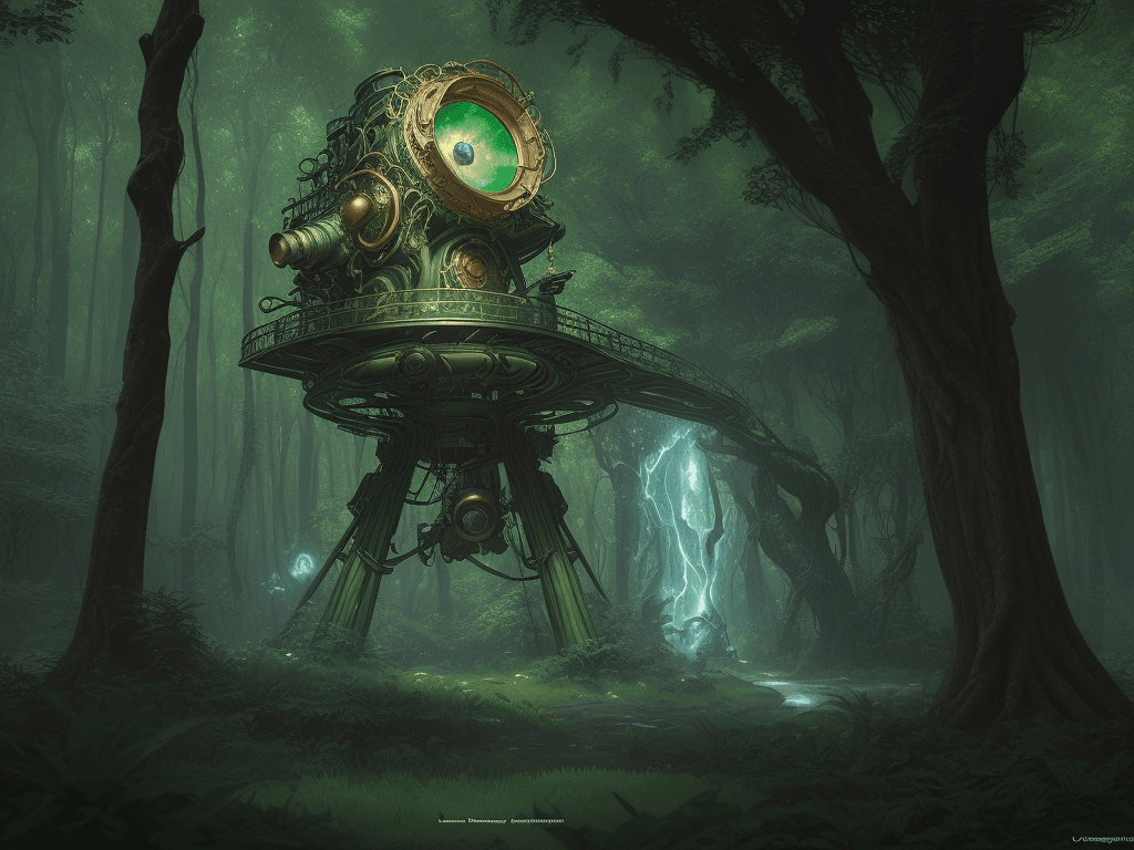 AI generated: green lush forest with a magical portal at its core, photorealistic, cinematic lighting, drawn by jh...