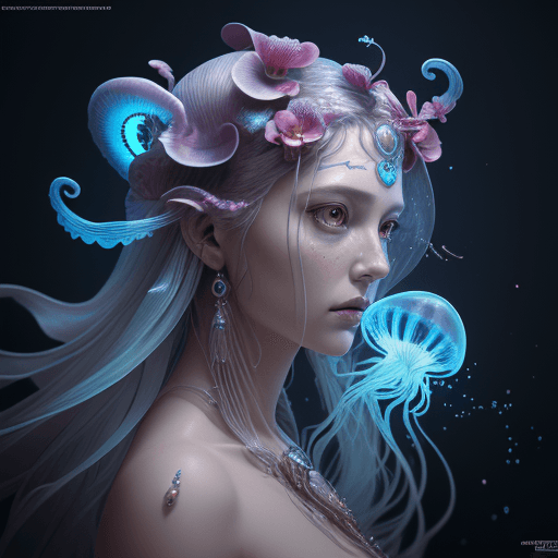 AI generated: Goddess close-up portrait ribcagel. jellyfish phoenix head, nautilus, orchid, skull, betta fish, bio...