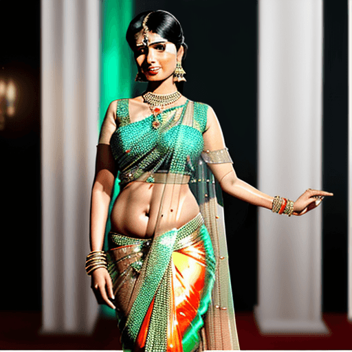AI generated: Bold and gorgeous Indian mother wearing shiny transparent saree which is showing her upper body clea...