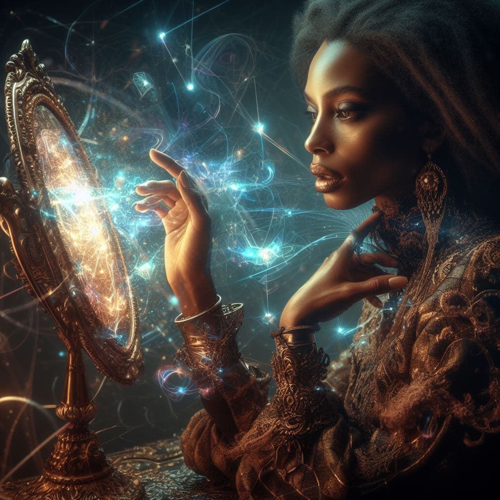 AI generated: A mystical woman with a strange but also fascinating aura looks thoughtfully into a magic mirror. Sh...