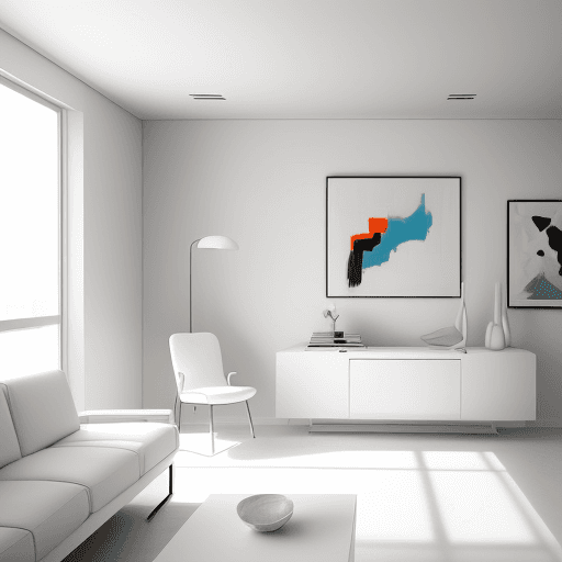 AI generated: highly detailed interior design, Minimalist, White walls, sleek modern furniture in neutral tones, w...