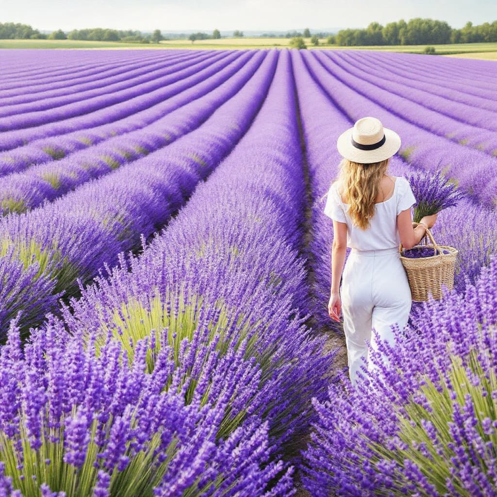 AI generated: A serene lavender field stretches across the canvas, with vibrant rows of purple flowers swaying gen...