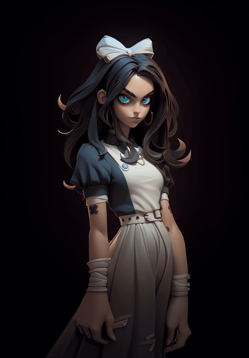 AI generated: American McGee's Alice wearing fashion street clothes and collar with spike, big blue eyes, perfect ...