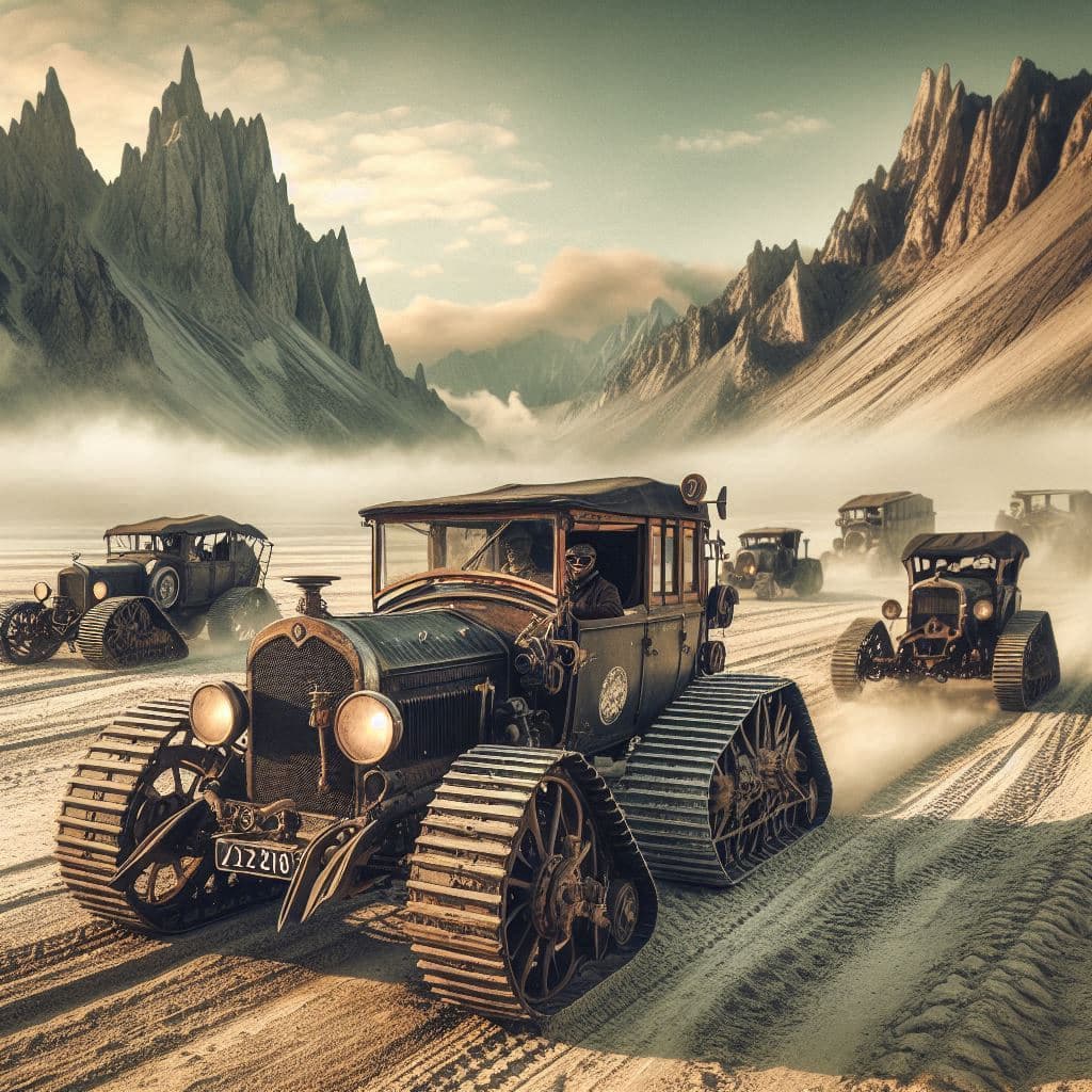 AI generated: Steampunk style 1930s Expedition with Citroen P17 Kégresse track vehicles, in an unusual unearthly l...