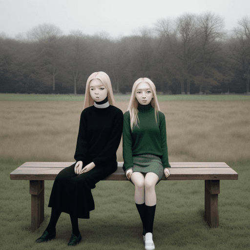AI generated: a couple of women sitting on top of a wooden bench, inspired by Ren Hang, tumblr, standing in grassy...