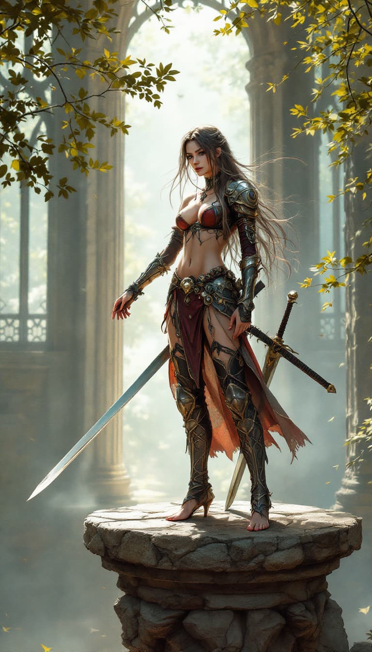 AI generated: a woman in a cosplay outfit standing on a stone platform with long hair and a sword in her hand, bar...