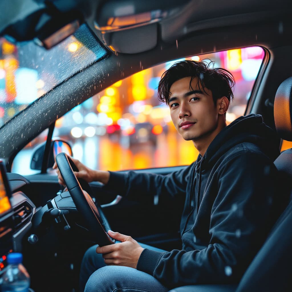 AI generated: A young Indonesian driver, around 25 years old, sitting inside a modern car during a heavy rainstorm...
