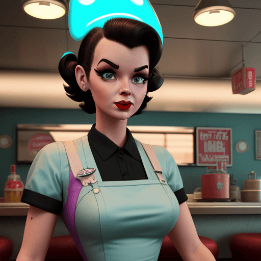 AI generated: A 1950's diner waitress mixed with alien hybrid, super cute, 1950's esthetic, alien fused with femal...