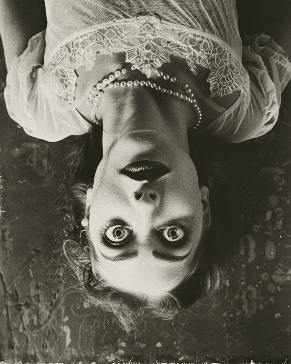 AI generated: A woman with fish eyes is laying on the ground, wearing pearls and net stockings, her head upside do...