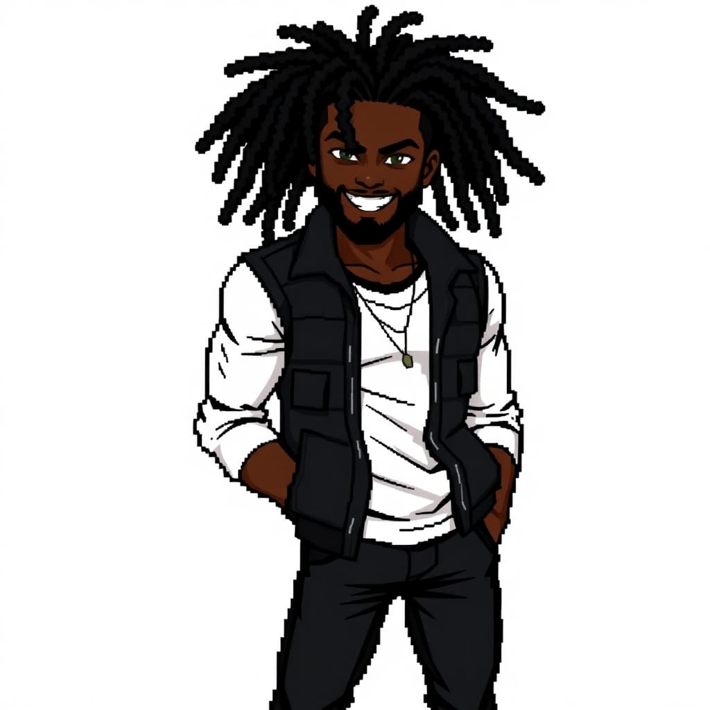 AI generated:  pixelated art style from the SNES era, a black male with an Espresso skin tone, black locs, a full ...