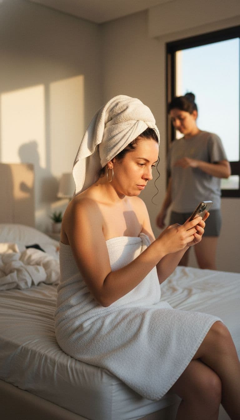 AI generated: The uploaded woman stiing on the edge of the bed, wearing just a white bath towel, after having a sh...