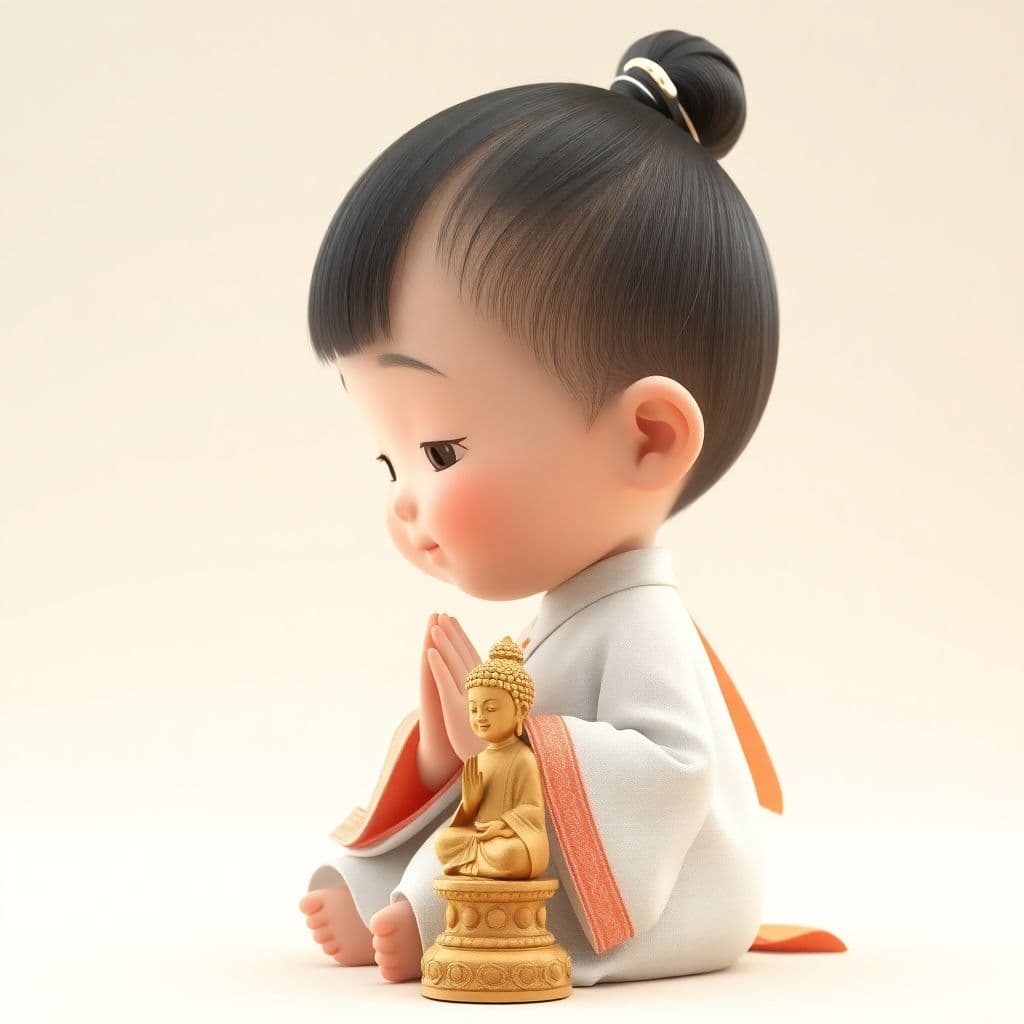 AI generated: whimsical Realistic of Pixar,Bryce 3D,side-view,a kawaii, chubby-cheeked Asian baby girl kneeling in...