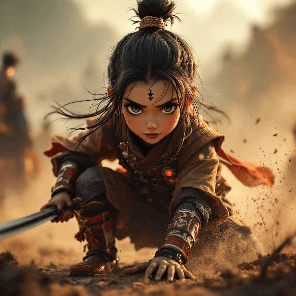 AI generated: Very realistic and stunning Image of cute and adorable Samurai Girl. big eyes, Battlefield, wearing ...