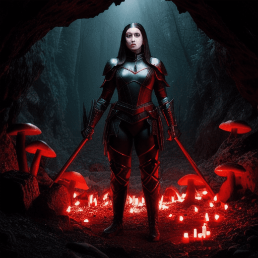 AI generated: female, vampire, glowing red eyes, pale white skin, dark black medium length braided hair, mostly bl...