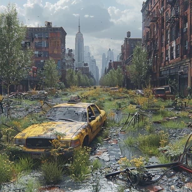 AI generated: New York City 100 years after the fall of man, unihabited, post apocalypse, photo realistic --style ...