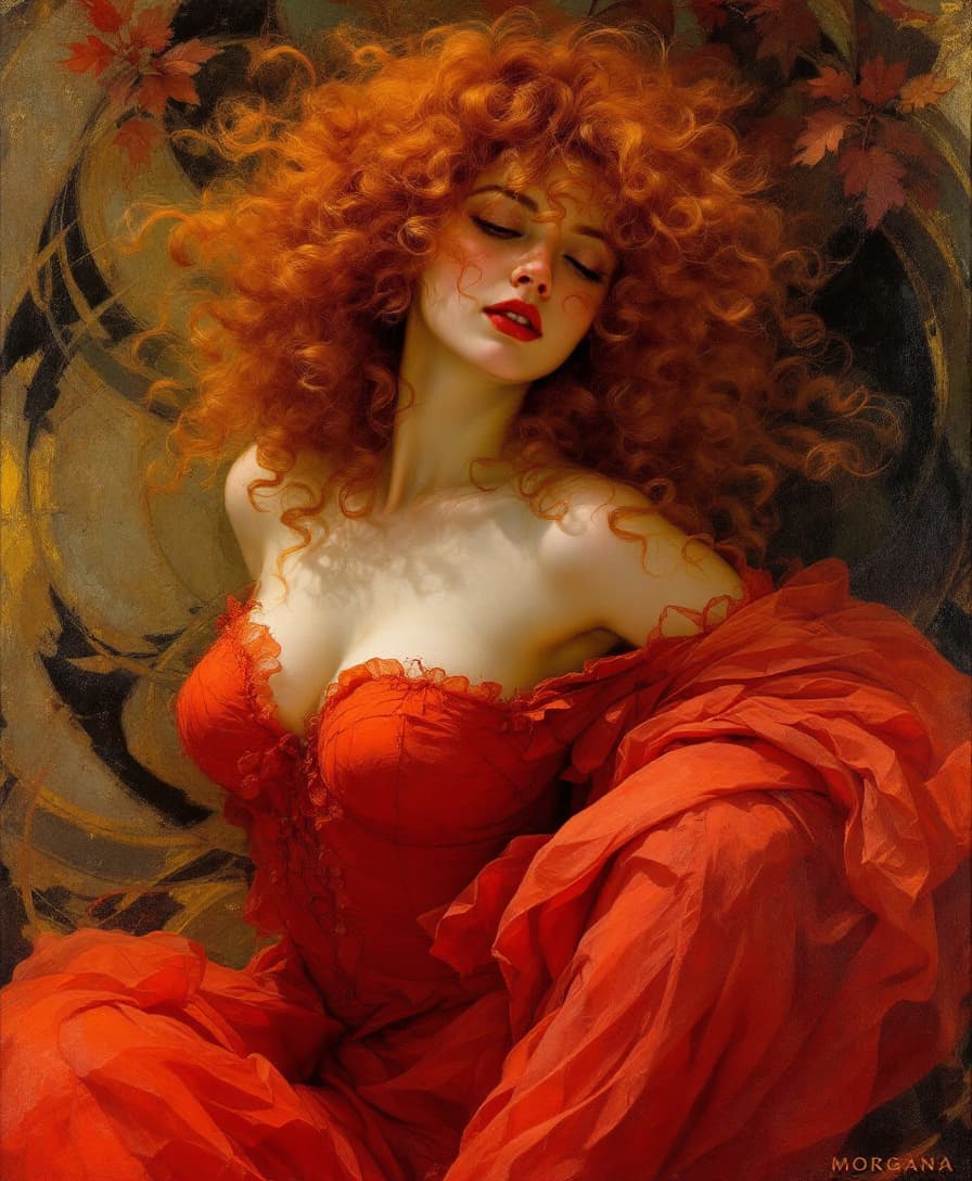 AI generated: Pre-Raphaelite painting of a red-haired woman, curly hair wearing a red dress, in the style of Arthu...