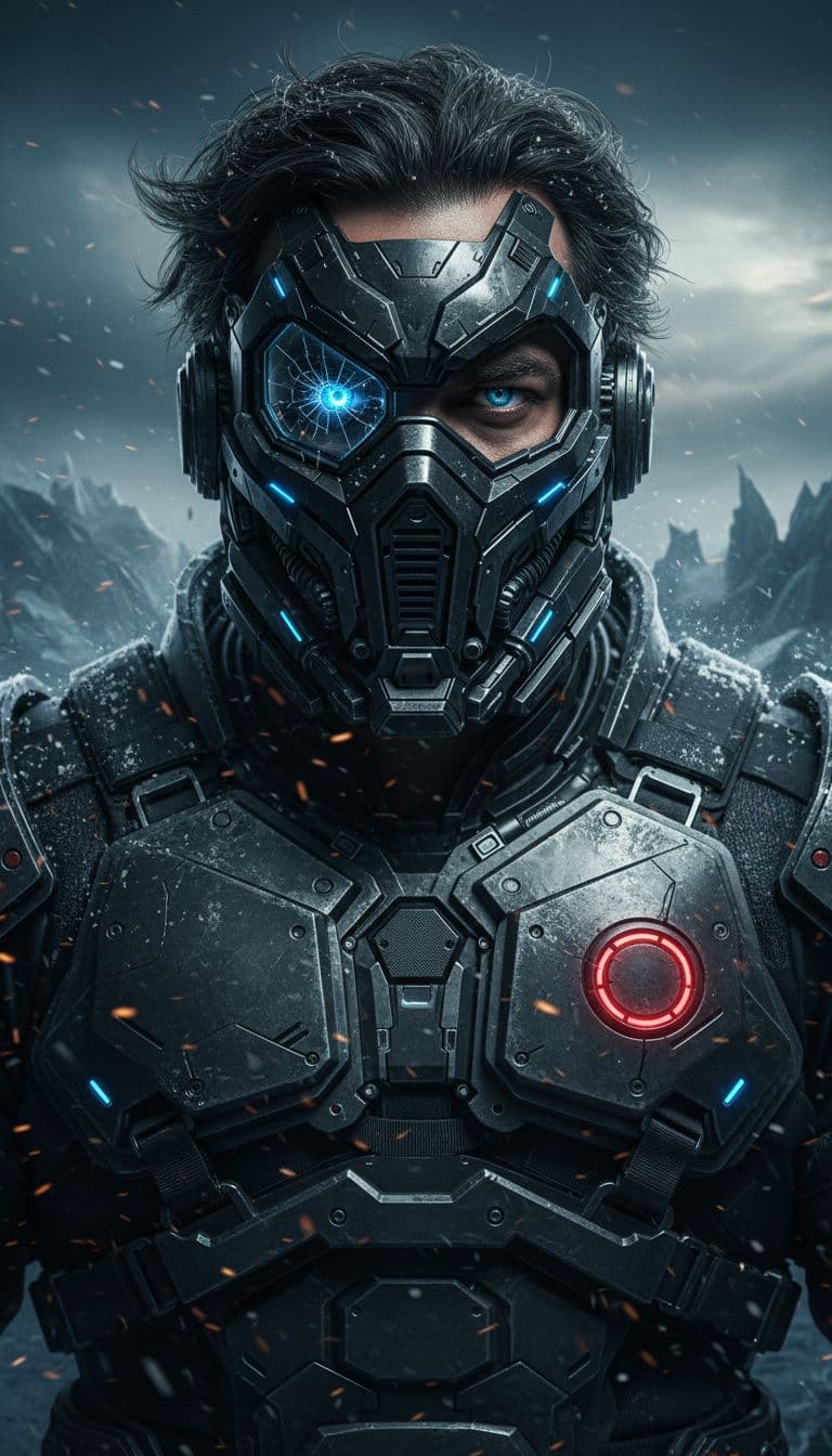 AI generated: “Ultra-detailed close-up portrait of a masked cyber-warrior in a dark, icy environment. The characte...