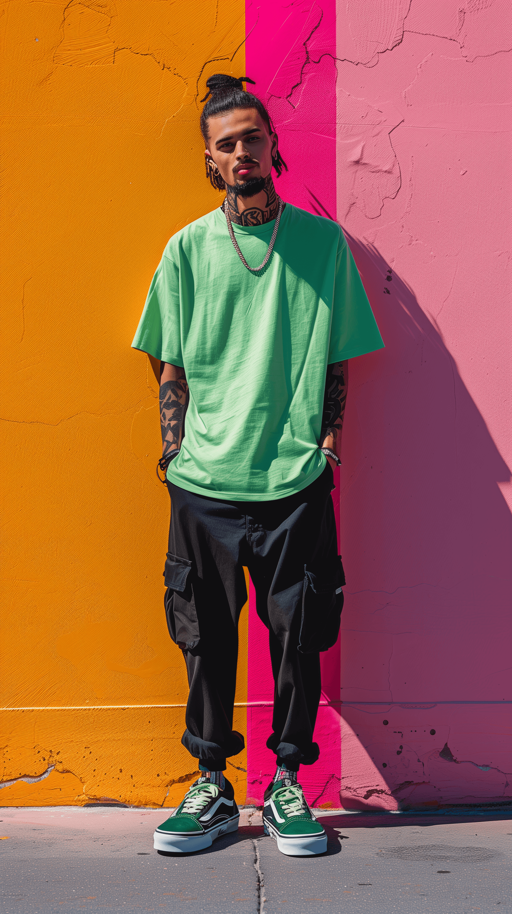 AI generated: creative illustration art, full-body of an man, wearing a mint green color over-fit T-shirt and blac...