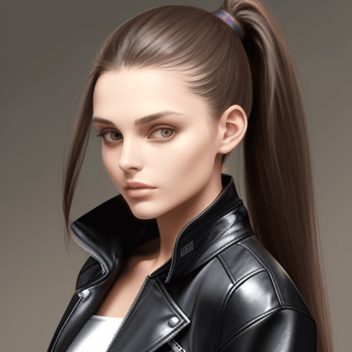 AI generated: beautiful brunette woman, long satin hair tied in the ponytail up dressed leather jacket with helmet...