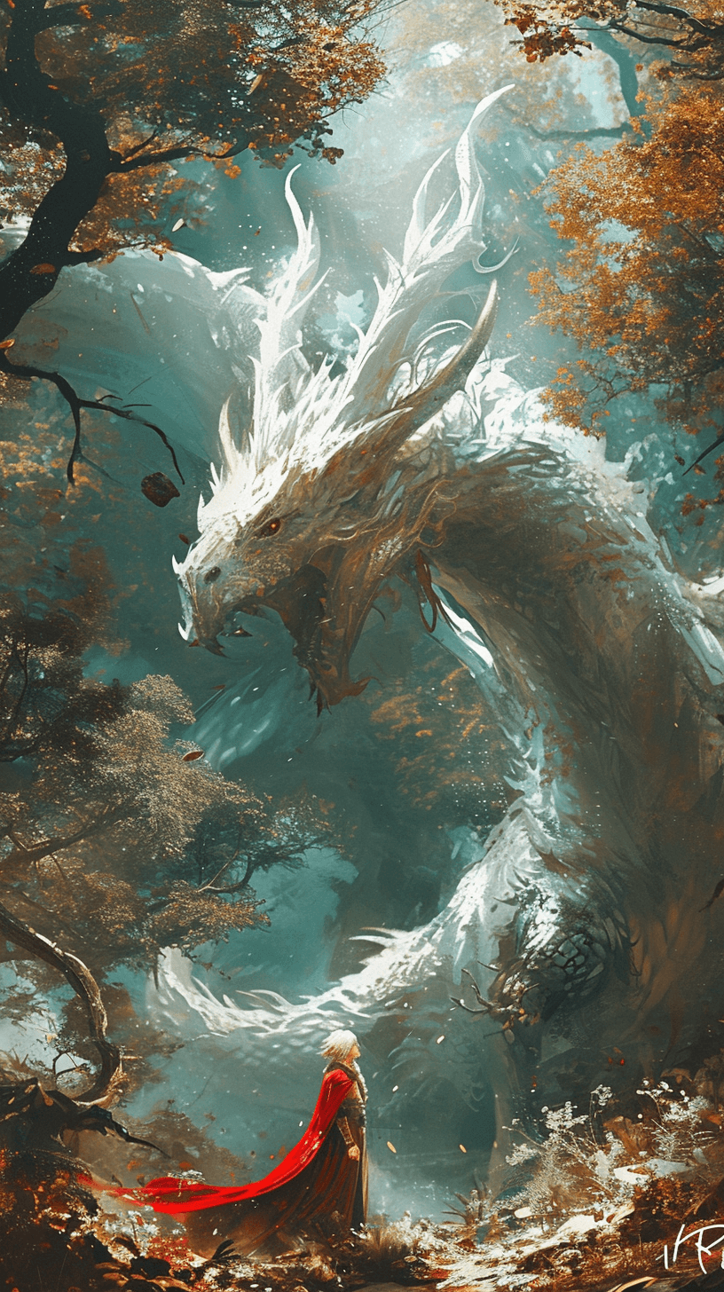 AI generated: an image showing one white dragon in the forest, in the style of light red and light cyan, vibrant i...