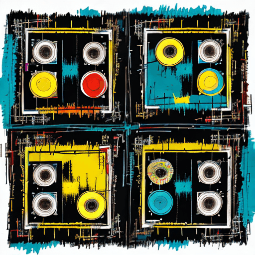 AI generated: Abstract pattern of 4 quadrants of dj equipment.  Primary colors of dark teal and dark yellow. In th...
