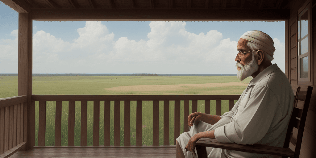 AI generated:  An old man, Ram, sitting on his porch, looking out at the horizon with a peaceful expression. 