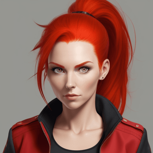 AI generated: Photo of a woman, red hair, ponytail, jacket, high definition, cartoony, confident