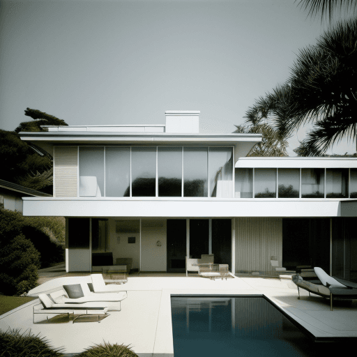 AI generated: Hyper realistic eye level exterior photo of a mid century modern style house overlooking the ocean, ...