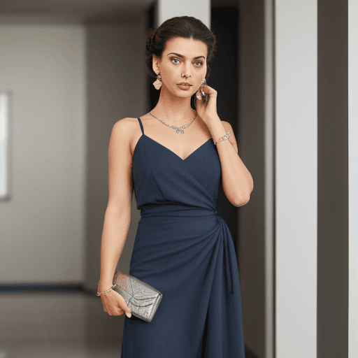 AI generated: A woman stands elegantly indoors with her hair in an updo, wearing a fitted, sleeveless navy blue dr...